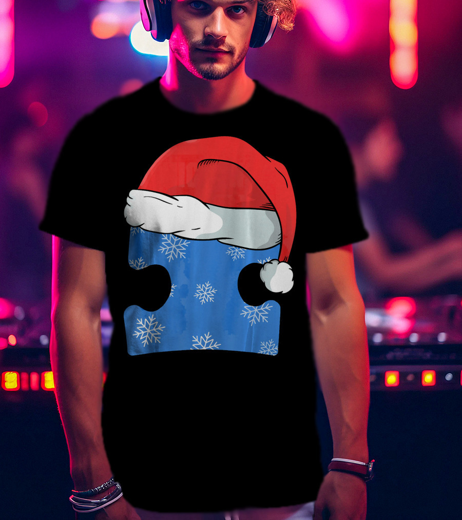 Autism Awareness Puzzle Piece Blue Snowflake Santa Hat T-Shirt