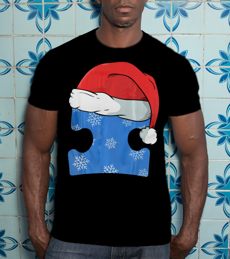 Autism Awareness Puzzle Piece Blue Snowflake Santa Hat T-Shirt