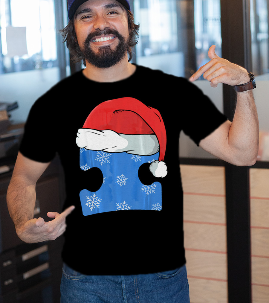 Autism Awareness Puzzle Piece Blue Snowflake Santa Hat T-Shirt