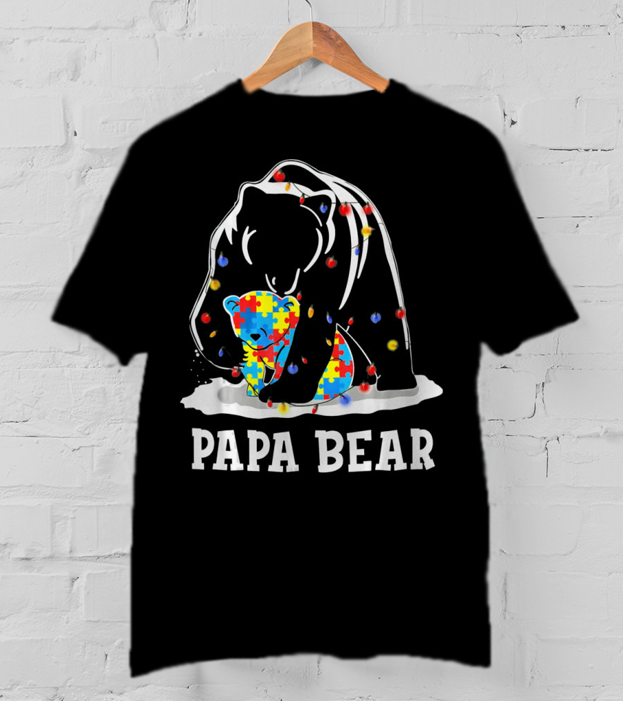 Papa Bear Puzzle Piece Autism Awareness Lights T-Shirt