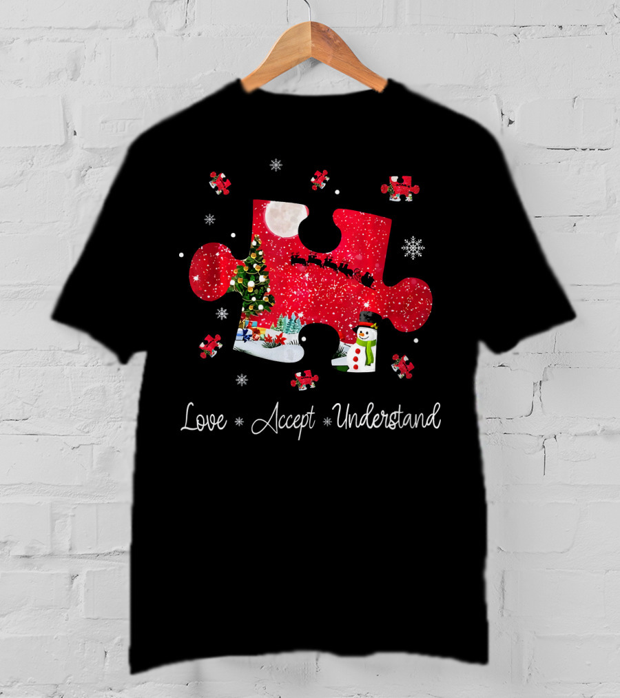 Love Accept Understand Autism Awareness Christmas Puzzle Snowman Santa Sleigh T-Shirt