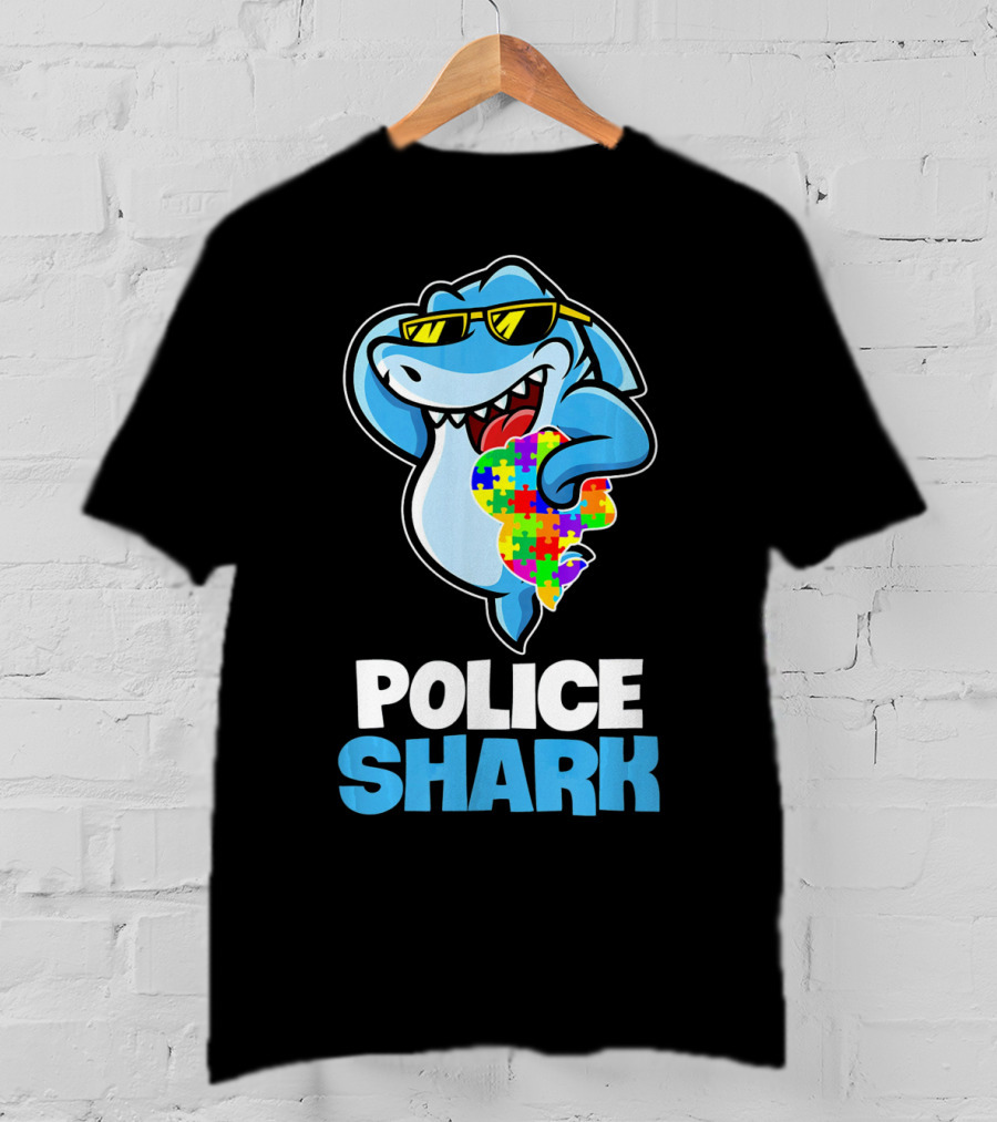Police Shark Holding Autism Awareness Puzzle Heart T-Shirt