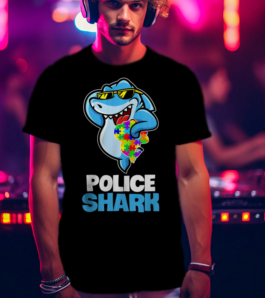Police Shark Holding Autism Awareness Puzzle Heart T-Shirt