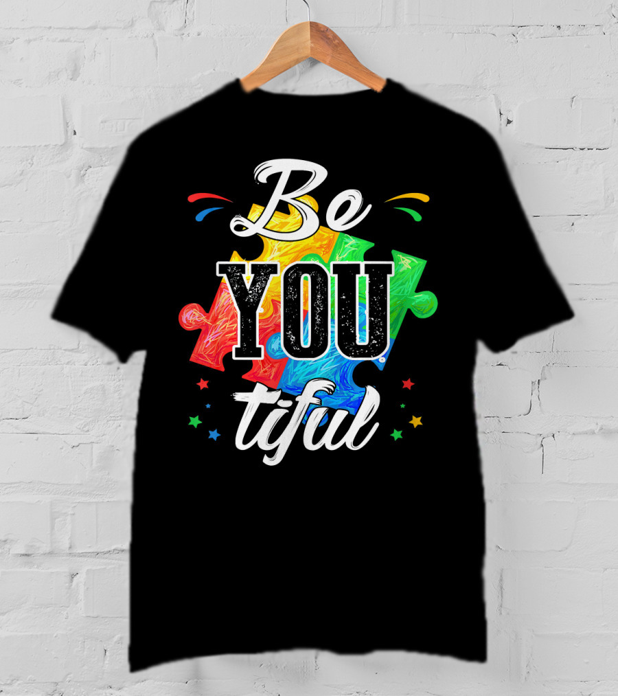 Be You Tiful Autism Awareness Colorful Puzzle Pieces With Stars T-Shirt