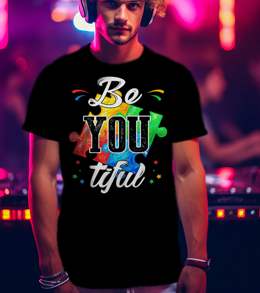 Be You Tiful Autism Awareness Colorful Puzzle Pieces With Stars T-Shirt