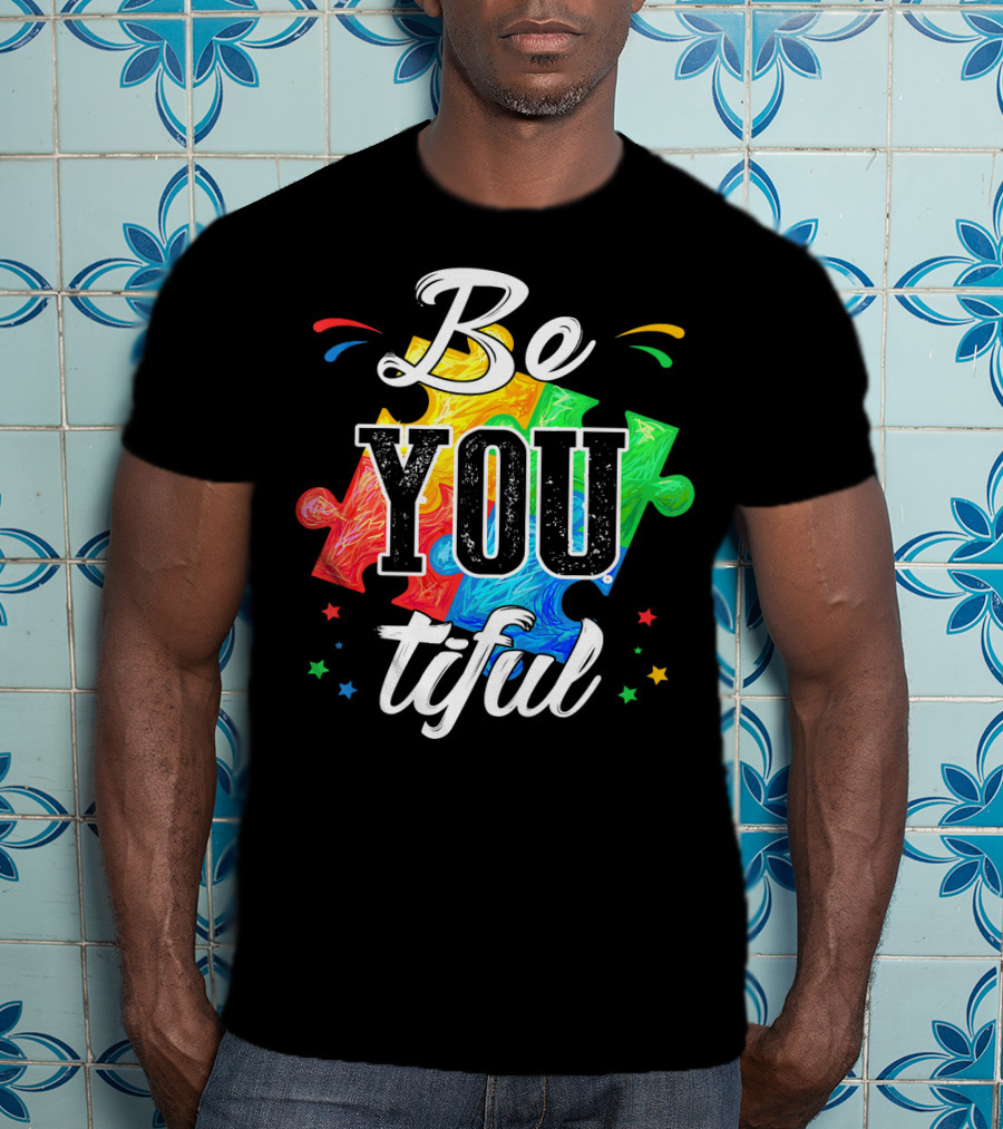 Be You Tiful Autism Awareness Colorful Puzzle Pieces With Stars T-Shirt