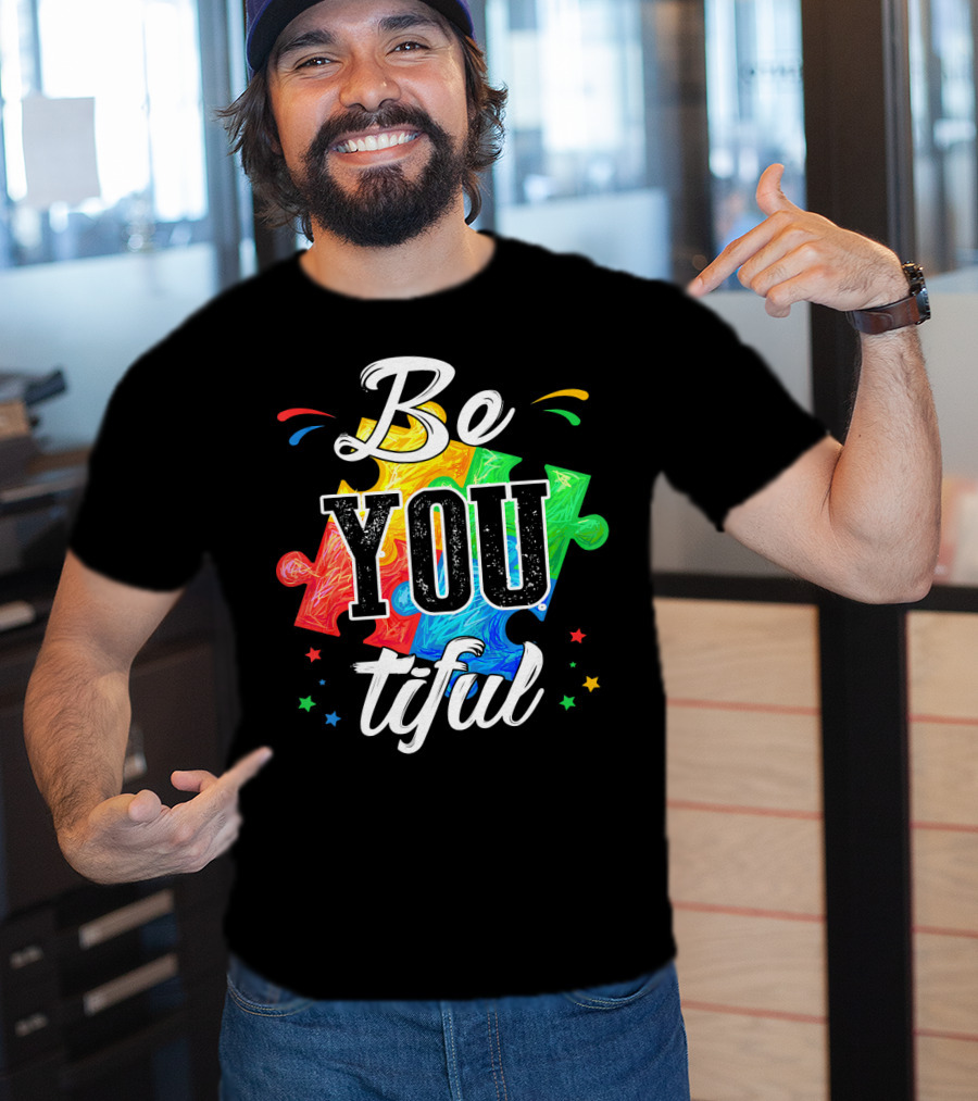 Be You Tiful Autism Awareness Colorful Puzzle Pieces With Stars T-Shirt