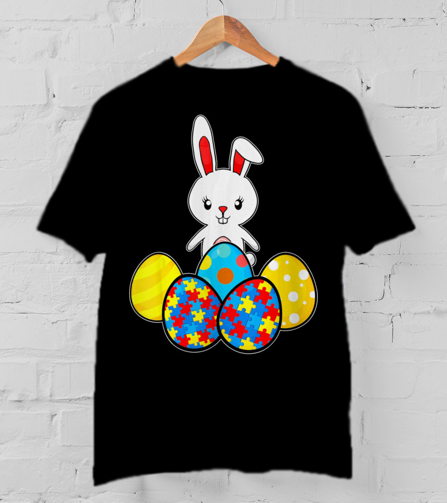 Easter Bunny With Autism Awareness Puzzle Pattern Eggs T-Shirt