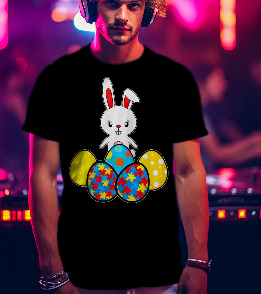 Easter Bunny With Autism Awareness Puzzle Pattern Eggs T-Shirt