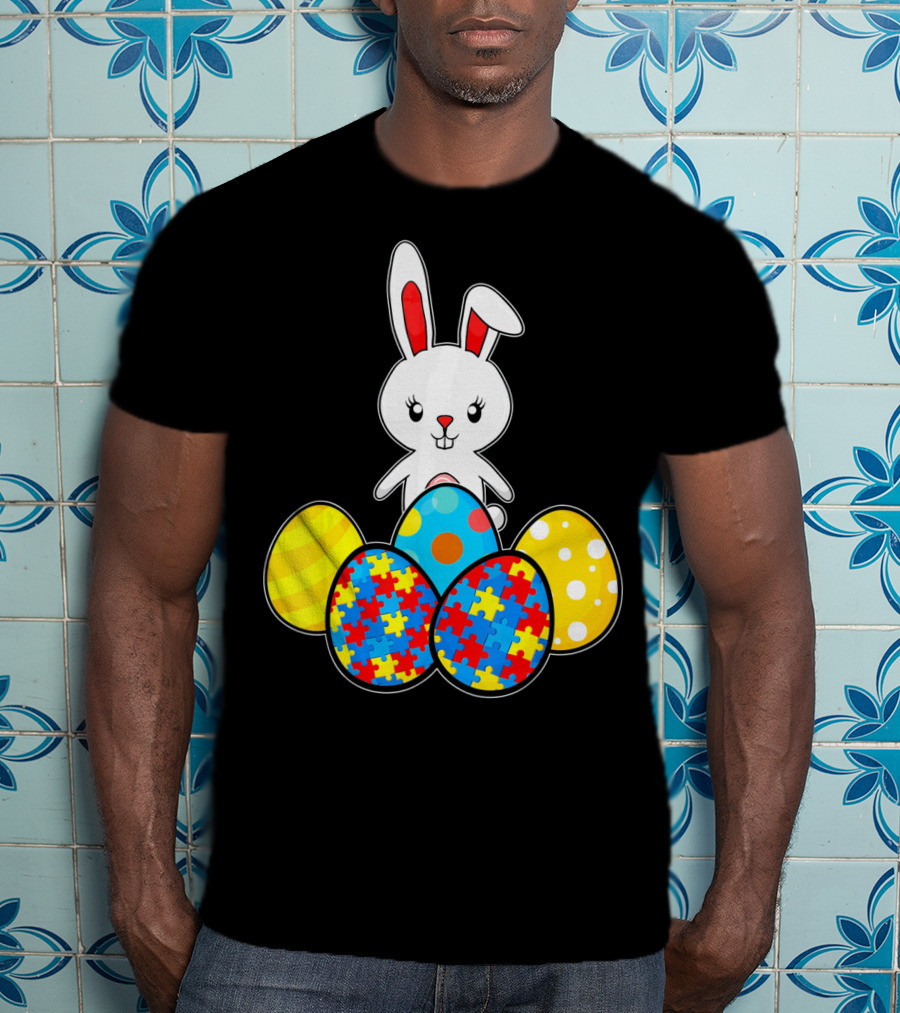 Easter Bunny With Autism Awareness Puzzle Pattern Eggs T-Shirt