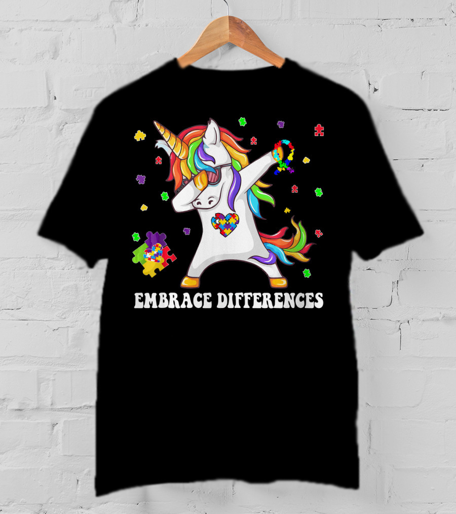 Embrace Differences Unicorn Autism Aware Puzzle Pieces T-Shirt