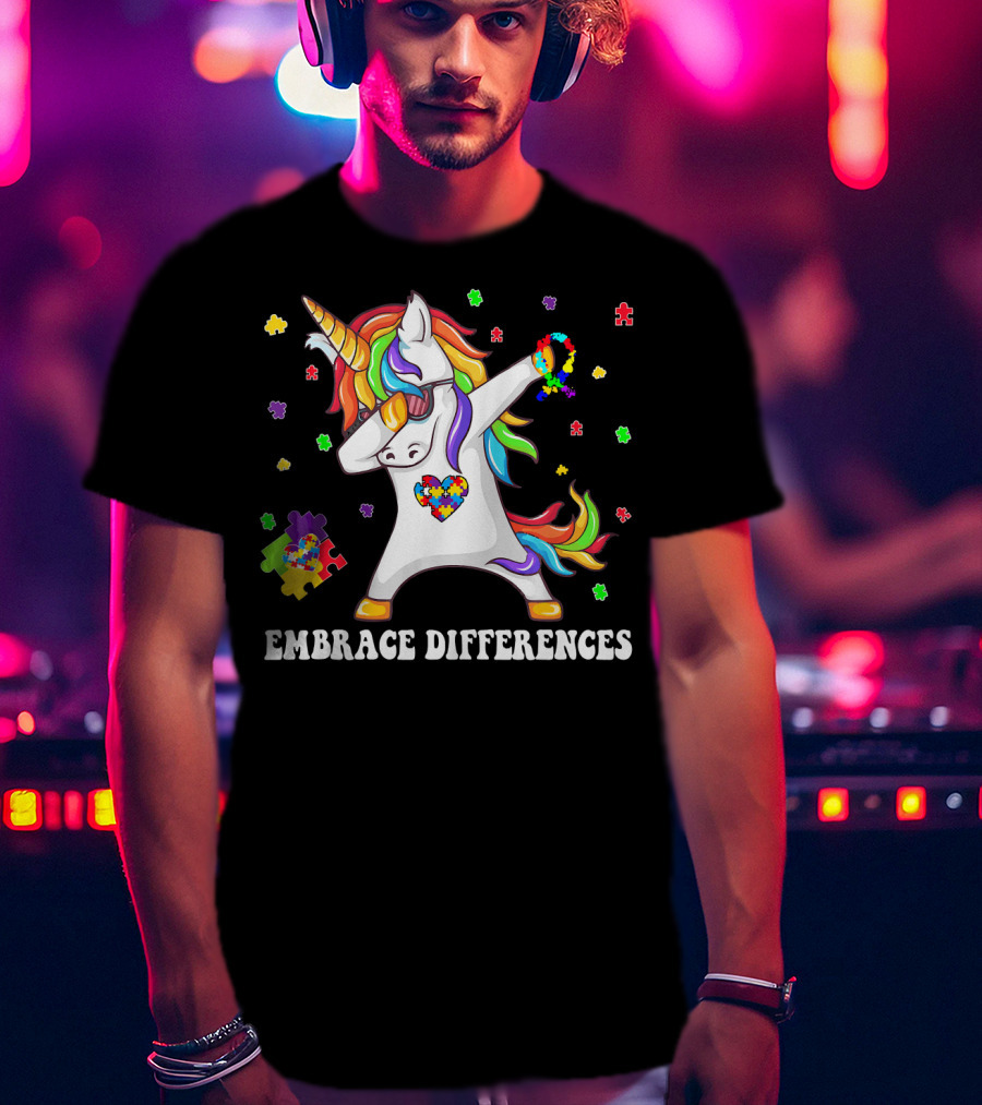Embrace Differences Unicorn Autism Aware Puzzle Pieces T-Shirt