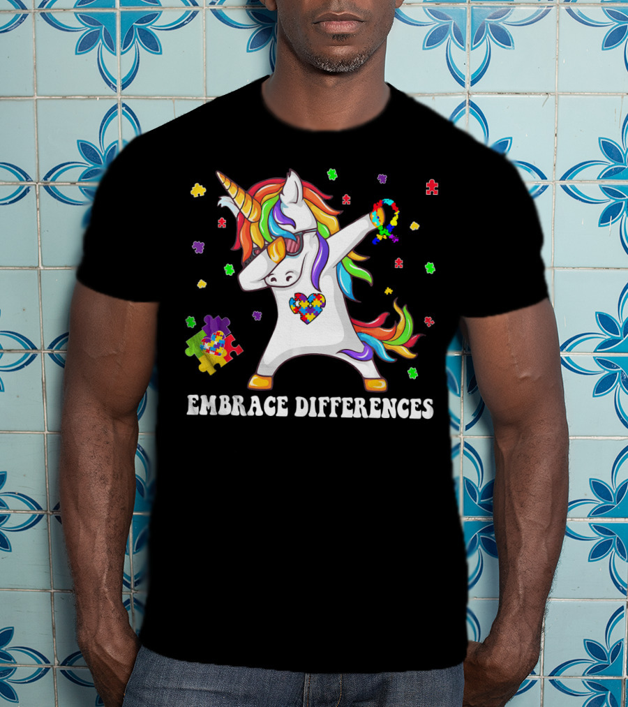 Embrace Differences Unicorn Autism Aware Puzzle Pieces T-Shirt