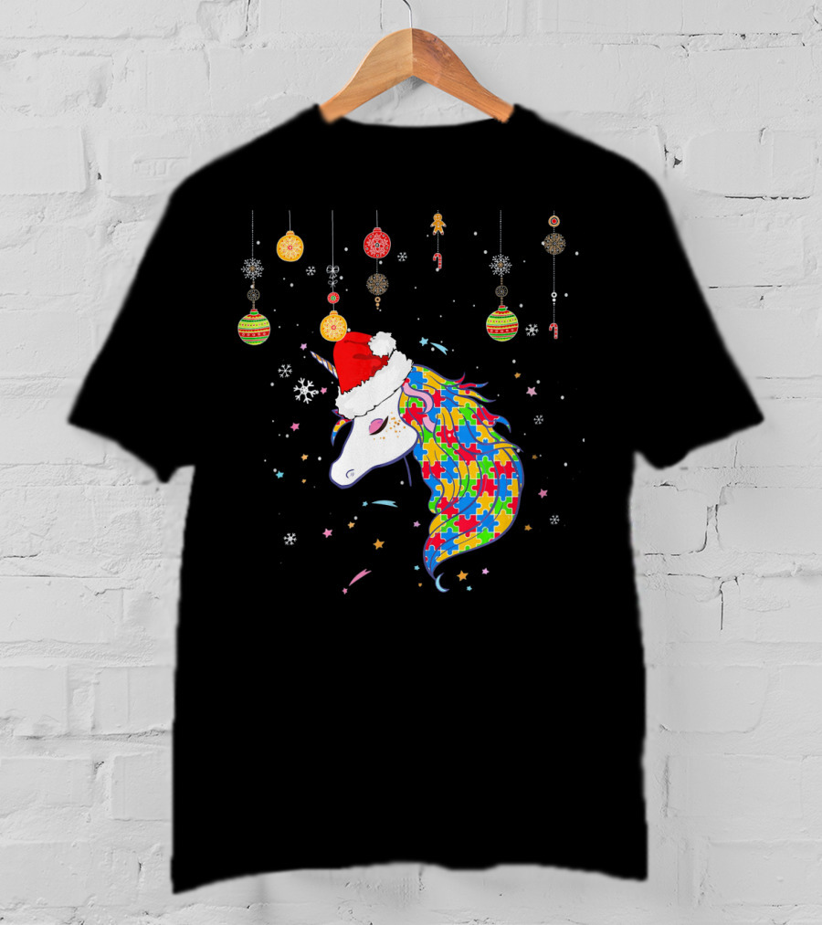 Christmas Unicorn Santa Hat Autism Puzzle T-Shirt