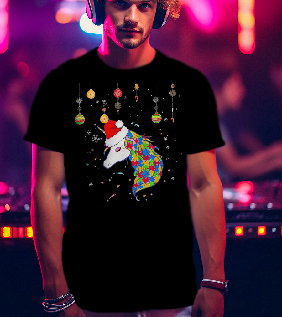 Christmas Unicorn Santa Hat Autism Puzzle T-Shirt