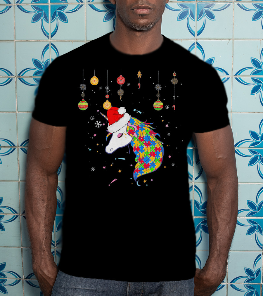 Christmas Unicorn Santa Hat Autism Puzzle T-Shirt
