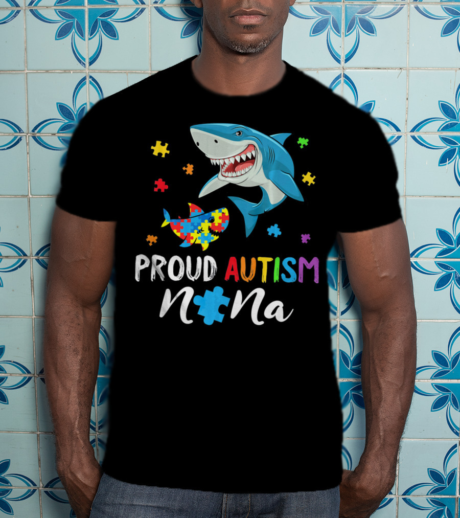 Proud Autism Nana Shark With Colorful Puzzle Pieces T-Shirt