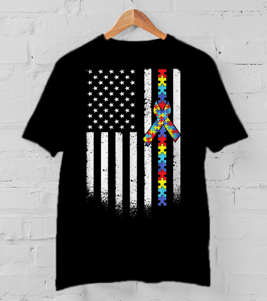 Autism Awareness American Flag With Puzzle Piece T-Shirt