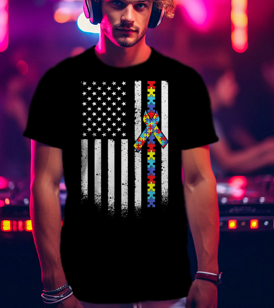 Autism Awareness American Flag With Puzzle Piece T-Shirt