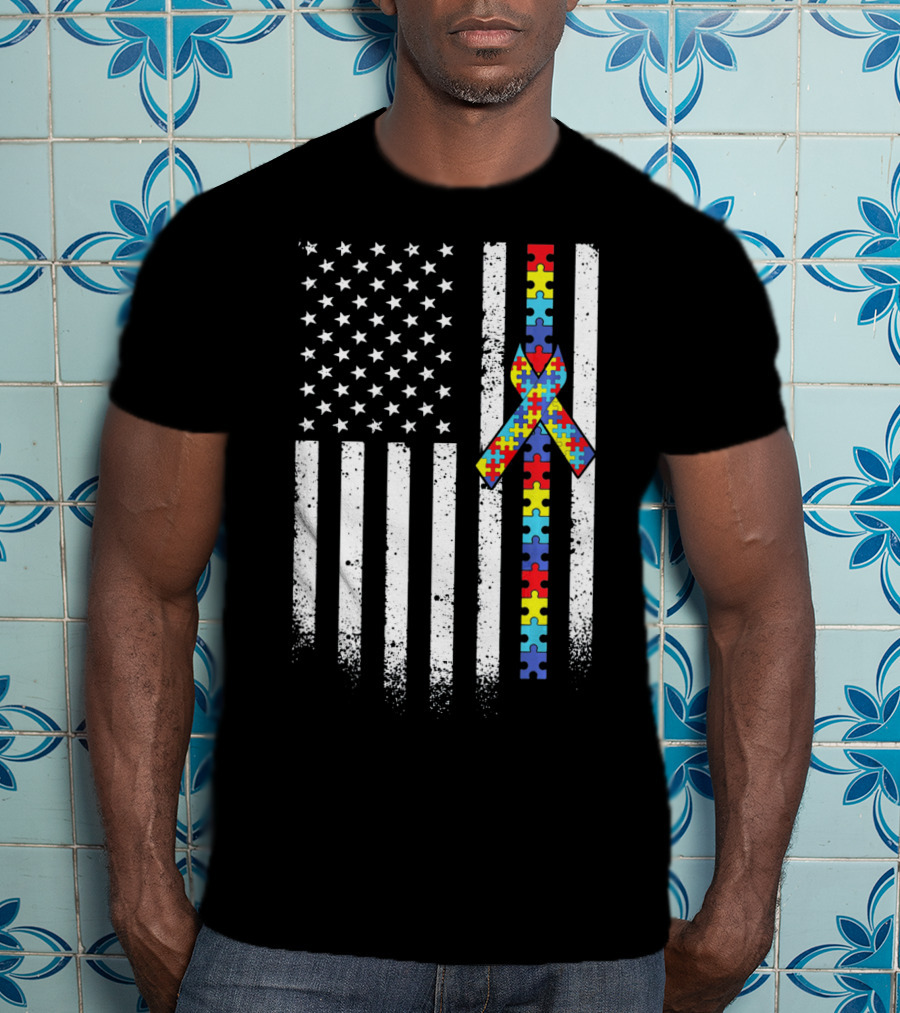 Autism Awareness American Flag With Puzzle Piece T-Shirt