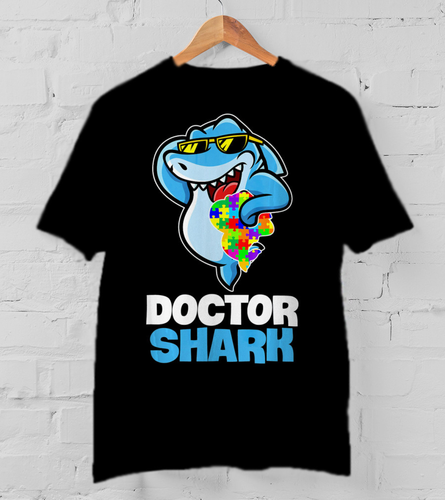 Doctor Shark Sunglasses Holding Autism Puzzle Heart T-Shirt