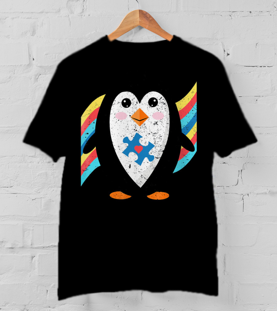 Cute Penguin Autism Awareness Heart Puzzle T-Shirt