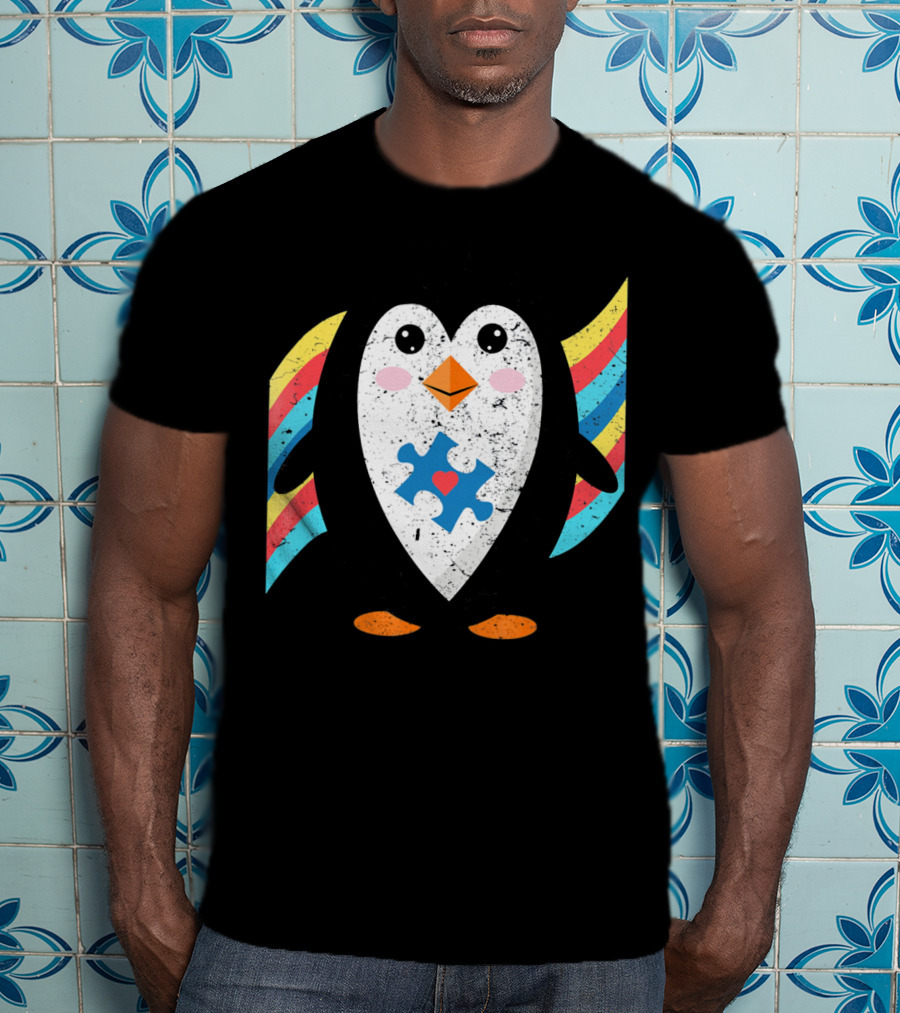 Cute Penguin Autism Awareness Heart Puzzle T-Shirt