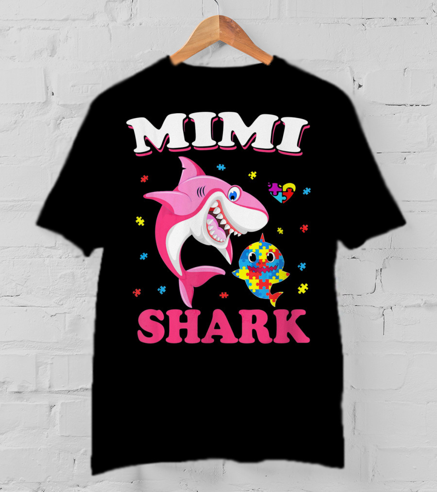 Mimi Shark Autism Awareness Puzzle Heart Colorful Sharks T-Shirt