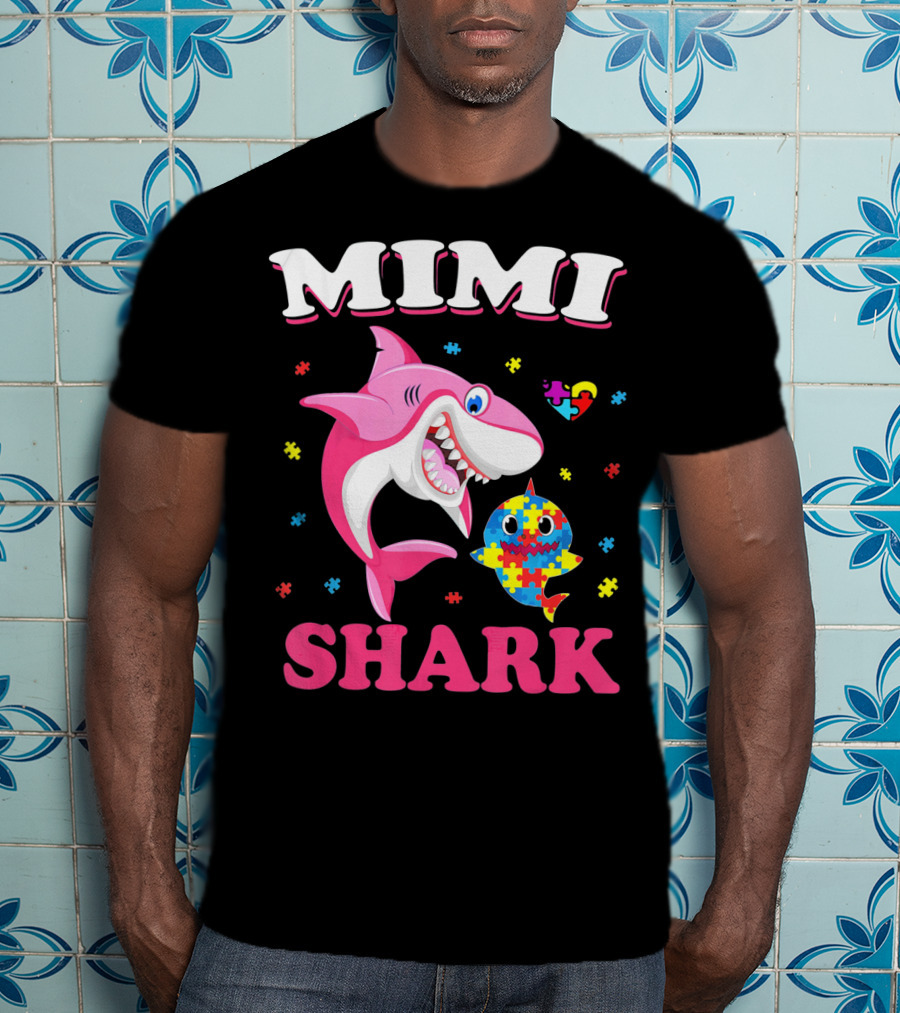 Mimi Shark Autism Awareness Puzzle Heart Colorful Sharks T-Shirt