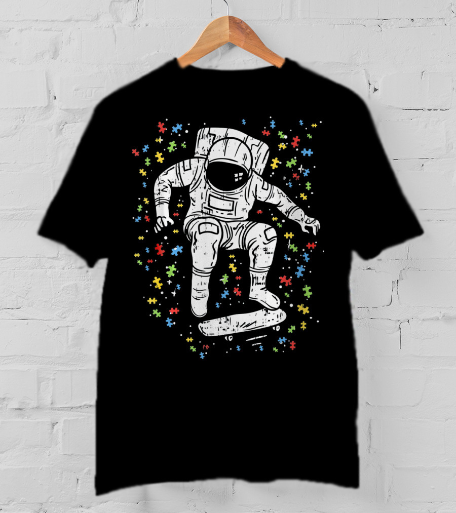 Puzzle Piece Astronaut Skateboarding For Autism Awareness T-Shirt