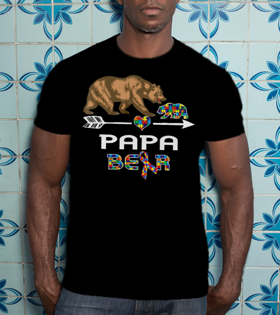 Papa Bear Puzzle Heart Arrow Autism Awareness T-Shirt