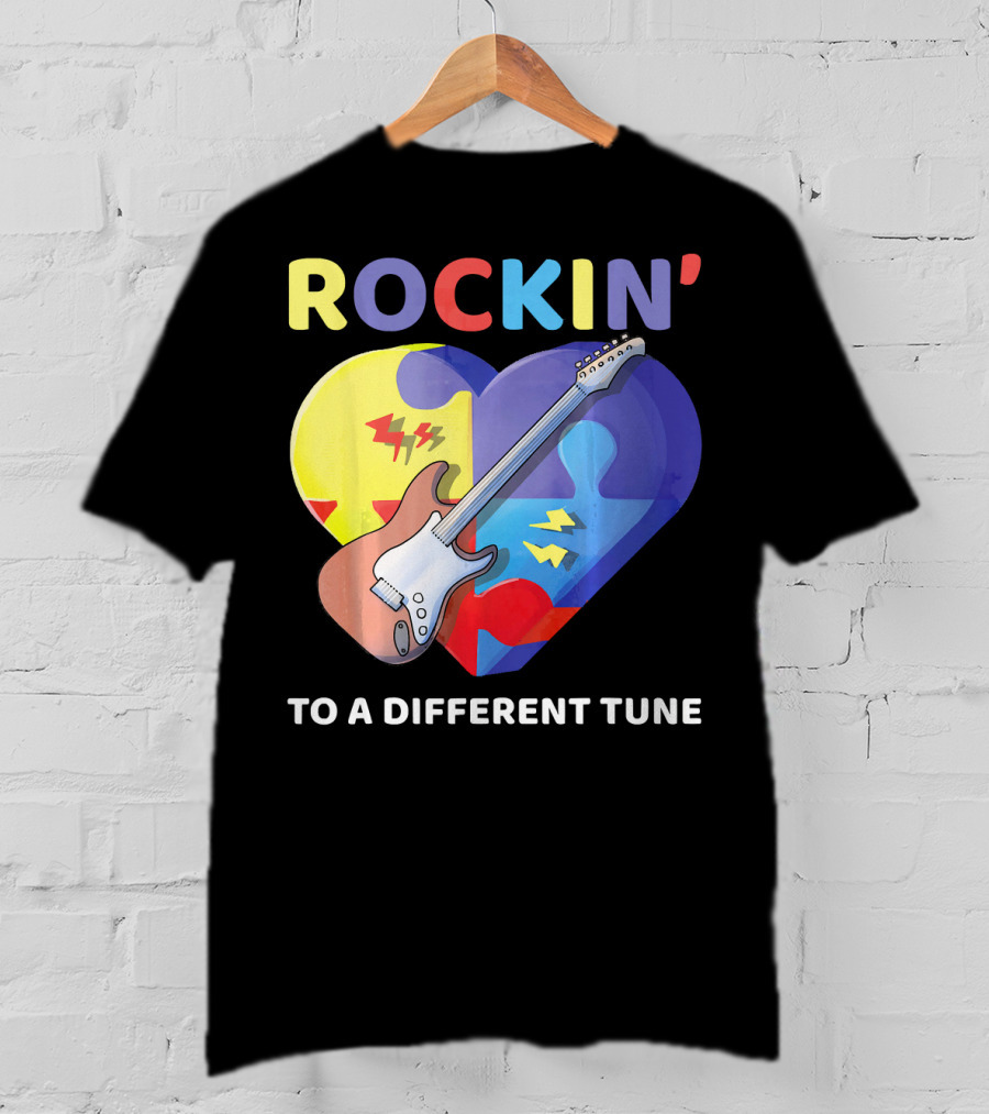 Rockin' To A Different Tune Autism Awareness Guitar Heart Puzzle T-Shirt