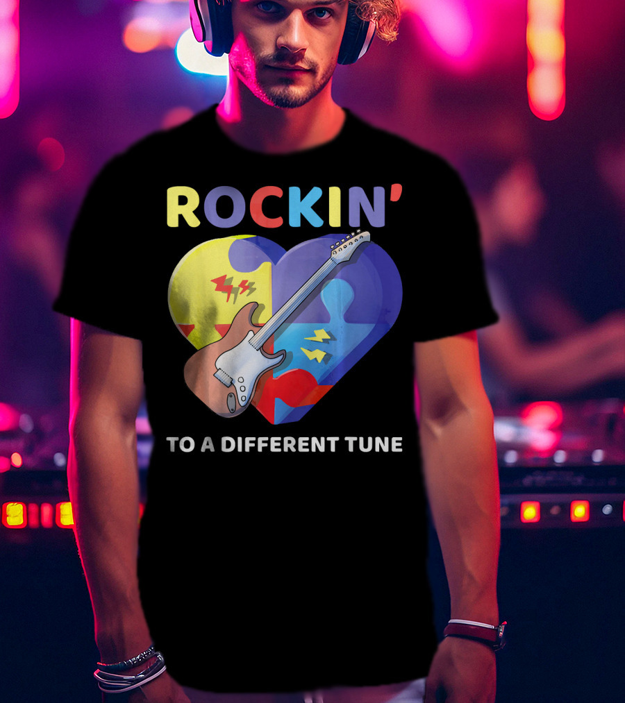 Rockin' To A Different Tune Autism Awareness Guitar Heart Puzzle T-Shirt