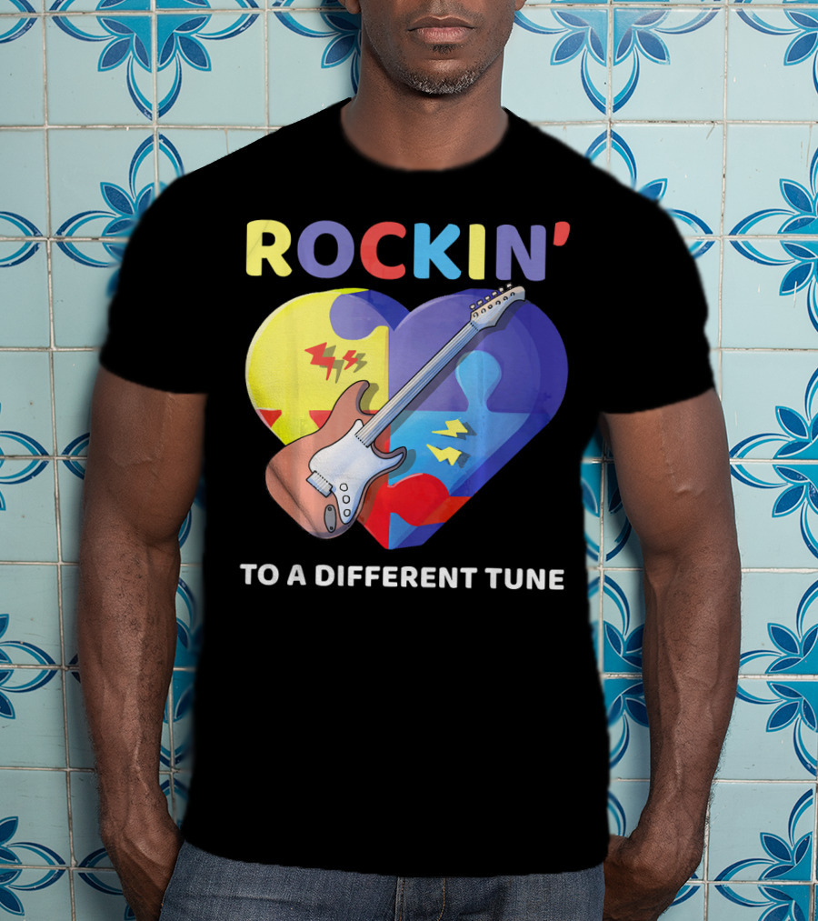 Rockin' To A Different Tune Autism Awareness Guitar Heart Puzzle T-Shirt