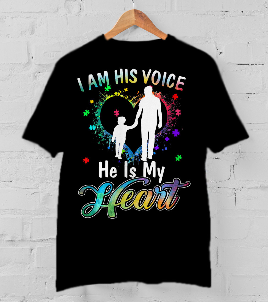 I Am His Voice He Is My Heart Autism Awareness Father And Child Silhouette With Colorful Puzzle T-Shirt