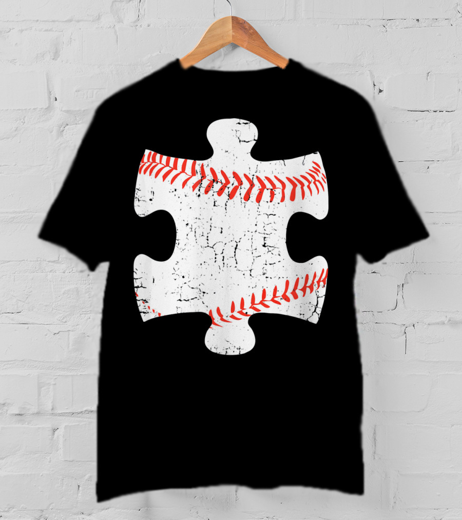 Baseball Stitch Puzzle Piece Autism Awareness T-Shirt