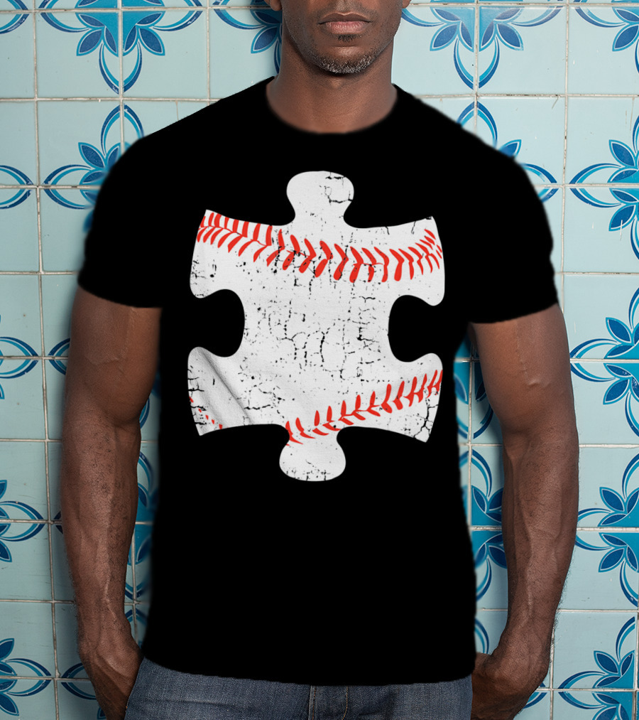 Baseball Stitch Puzzle Piece Autism Awareness T-Shirt
