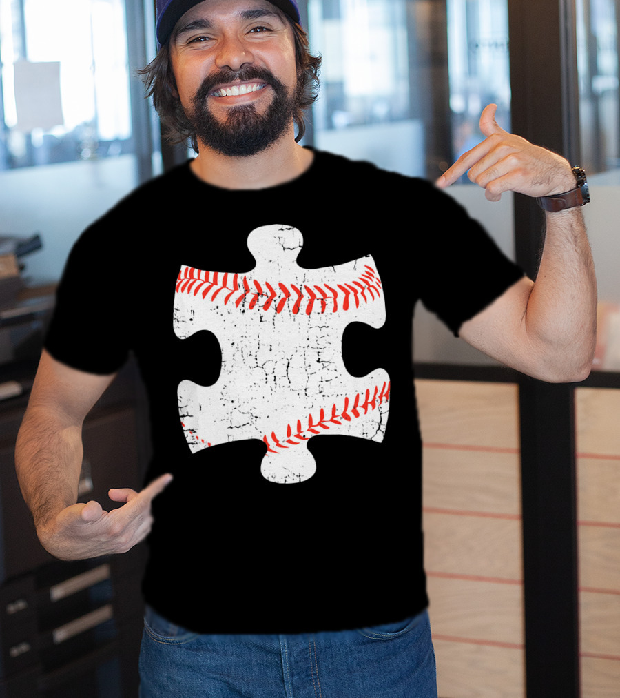 Baseball Stitch Puzzle Piece Autism Awareness T-Shirt