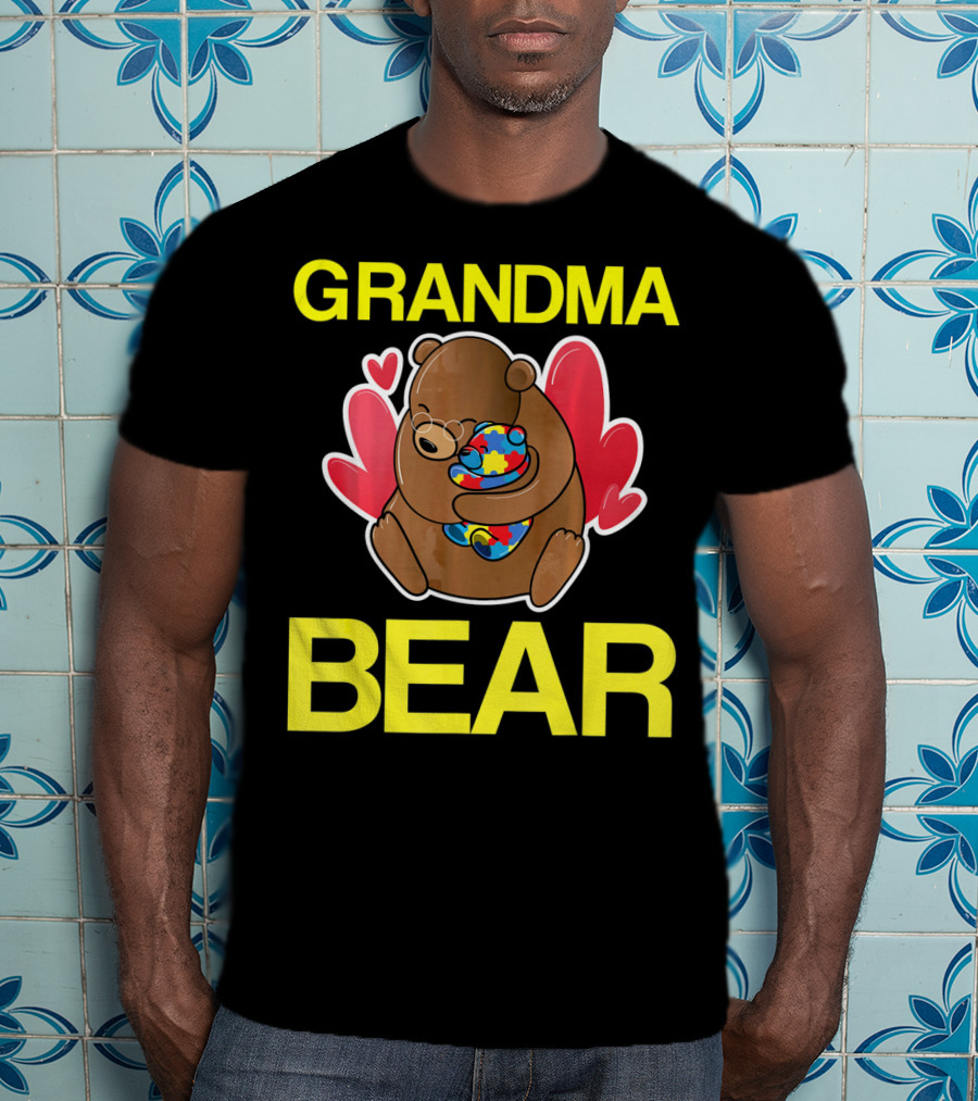 Grandma Bear Hugging Bear With Autism Puzzle Heart Balloon T-Shirt