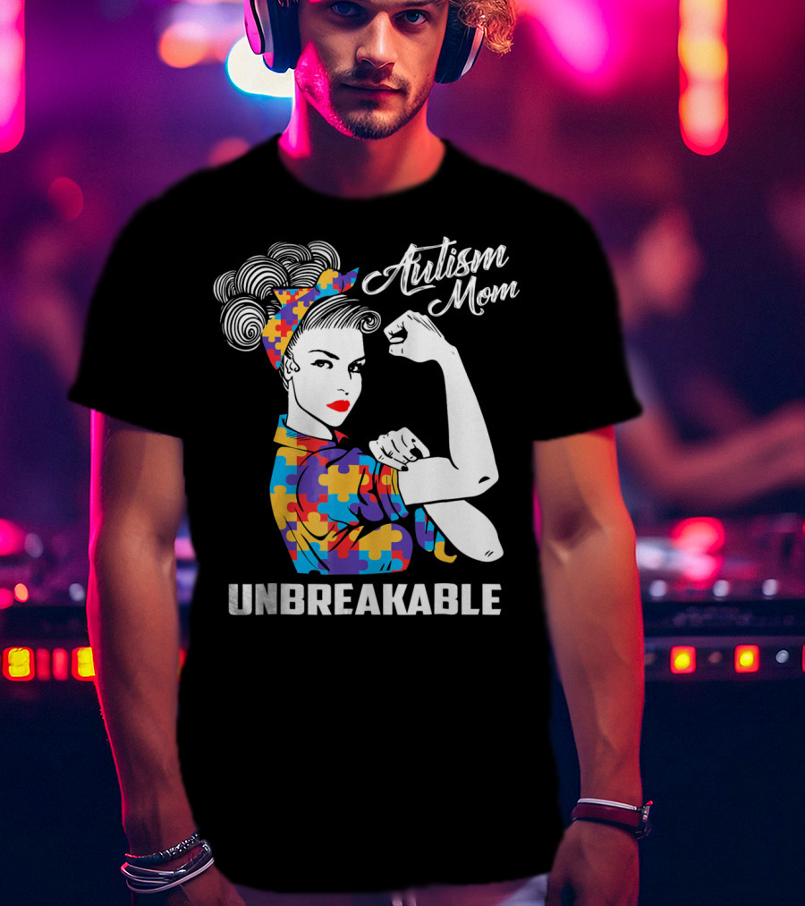Autism Mom Unbreakable Puzzle Pattern Rosie The Riveter T-Shirt