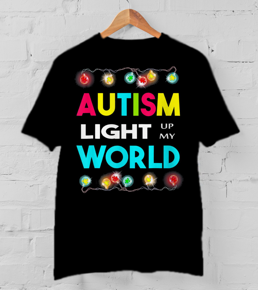 Autism Light Up My World Autism Awareness Puzzle String Lights T-Shirt