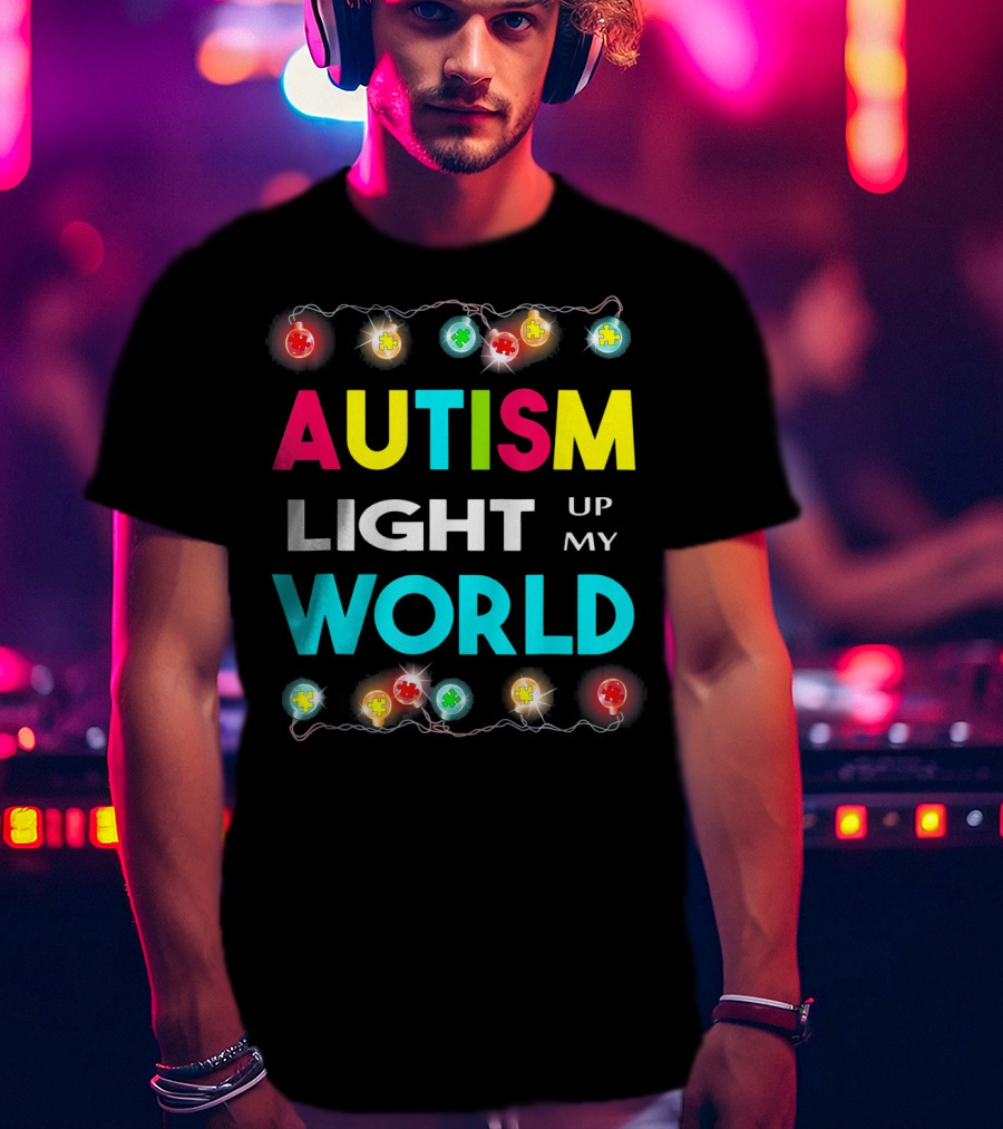 Autism Light Up My World Autism Awareness Puzzle String Lights T-Shirt