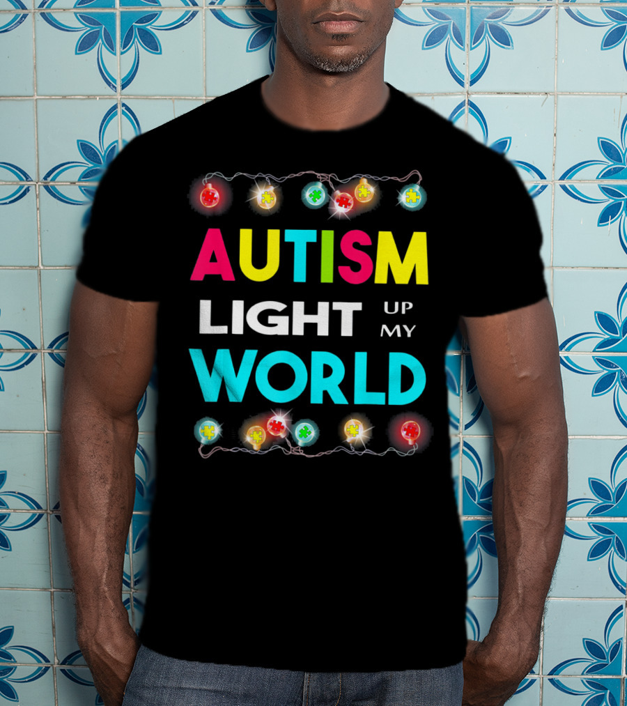 Autism Light Up My World Autism Awareness Puzzle String Lights T-Shirt
