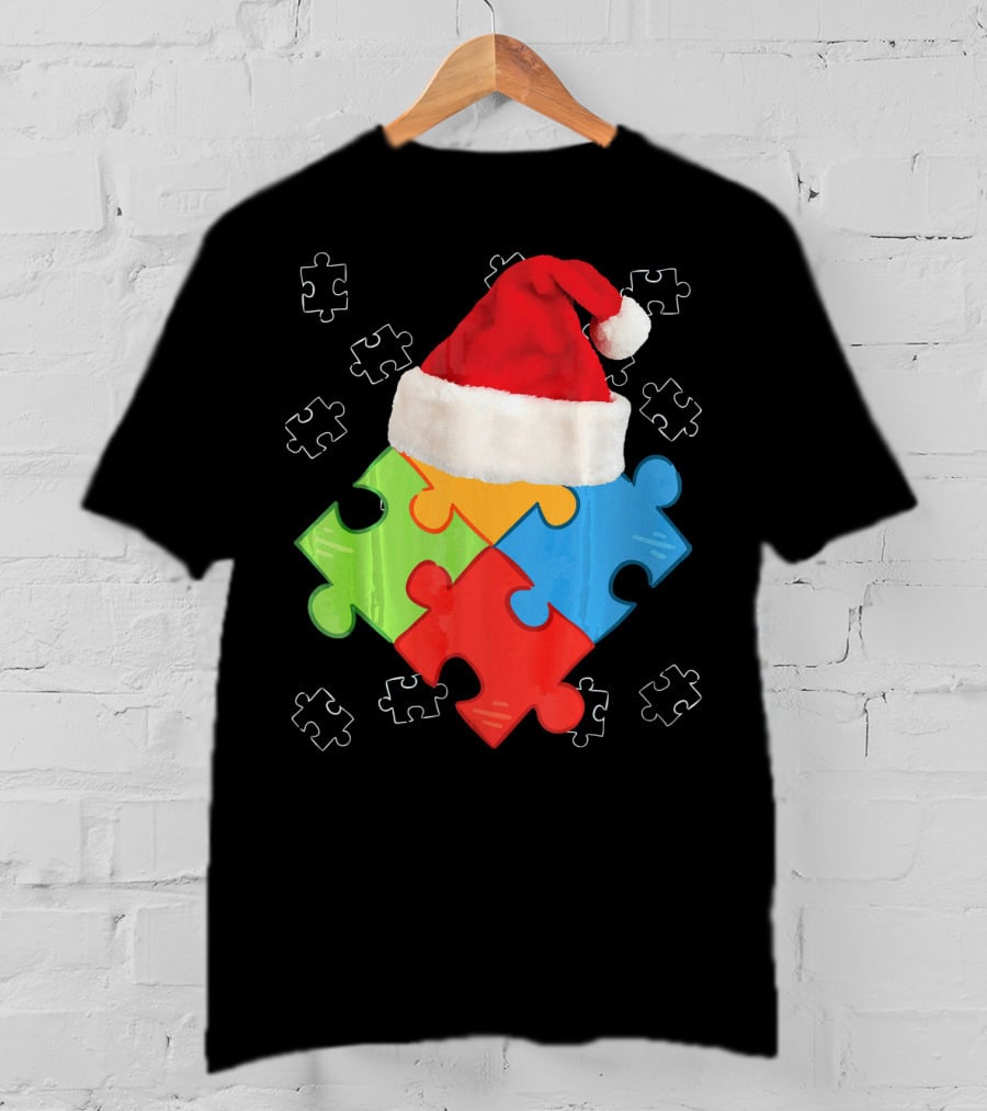 Autism Puzzle Pieces With Santa Hat Holiday T-Shirt