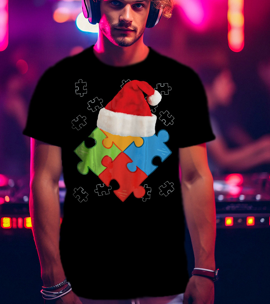 Autism Puzzle Pieces With Santa Hat Holiday T-Shirt