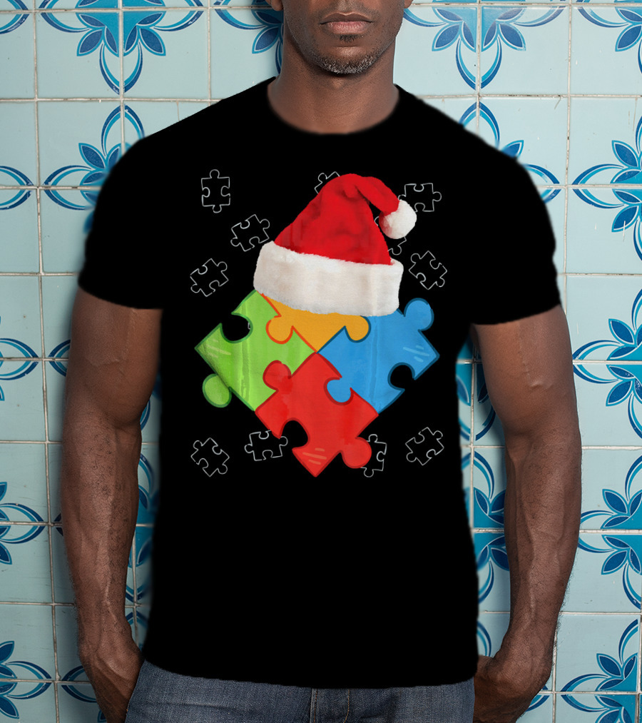 Autism Puzzle Pieces With Santa Hat Holiday T-Shirt