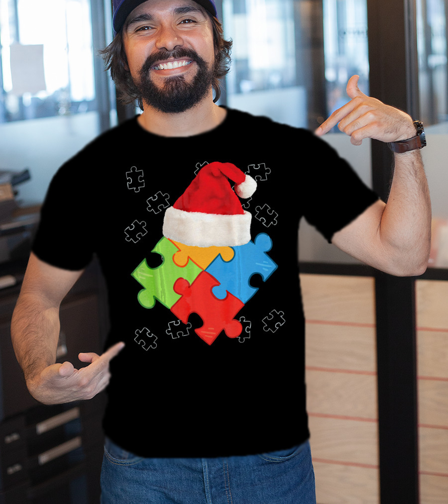 Autism Puzzle Pieces With Santa Hat Holiday T-Shirt