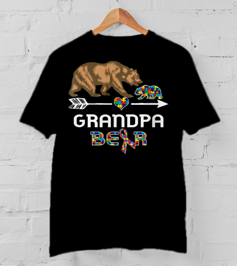 Grandpa Bear Autism Awareness Puzzle Heart And Ribbon T-Shirt