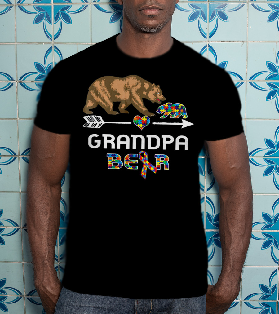 Grandpa Bear Autism Awareness Puzzle Heart And Ribbon T-Shirt