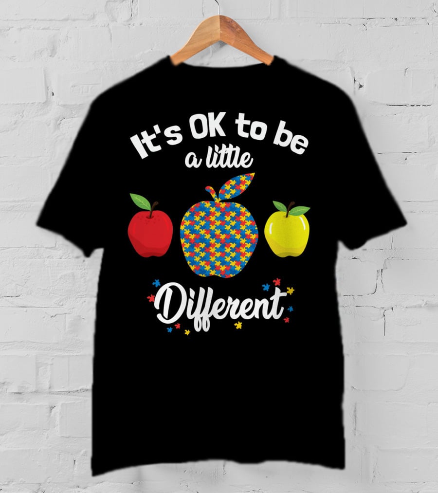 It's OK To Be A Little Different Apple Teacher Aut Puzzle Pattern Red Yellow T-Shirt
